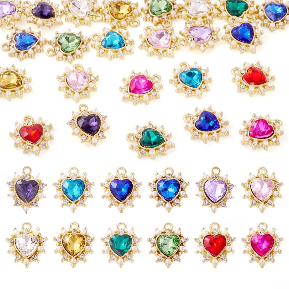 5973 24Pcs Alloy Rhinestone Heart Charms Golden Plated Crystal Flower